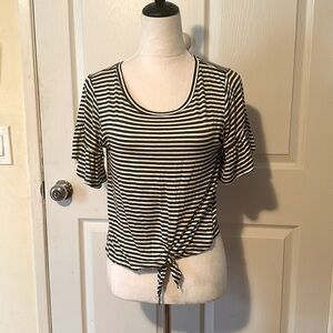 Soft striped ruffles sleeve blouse with tie waste